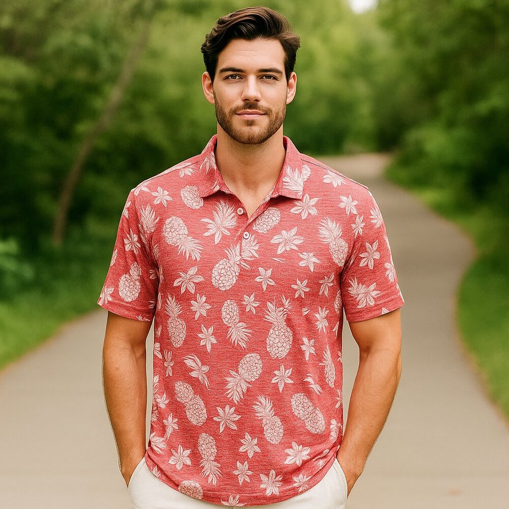 IZOD Men XL Polo Pineapple and Palm Tree all Over Tropical Beachy Preppy Shirt